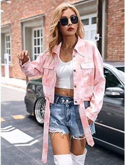 HNBHSH Womens Tops Jacket Coat Tie Dye Flap Pocket Belted Jacket Fashion Casual Long Sleeve (Color : Baby Pink, Size : XL)