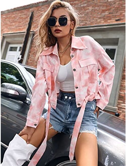 HNBHSH Womens Tops Jacket Coat Tie Dye Flap Pocket Belted Jacket Fashion Casual Long Sleeve (Color : Baby Pink, Size : XL)