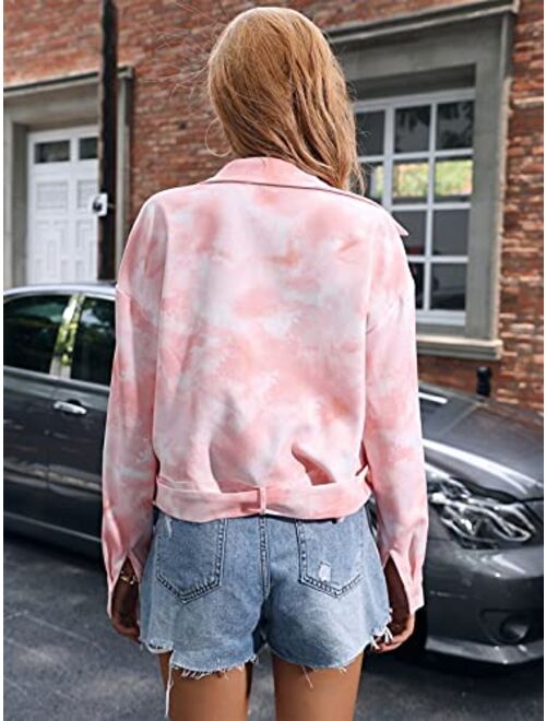 HNBHSH Womens Tops Jacket Coat Tie Dye Flap Pocket Belted Jacket Fashion Casual Long Sleeve (Color : Baby Pink, Size : XL)