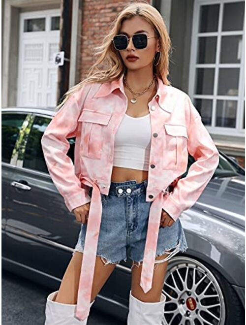 HNBHSH Womens Tops Jacket Coat Tie Dye Flap Pocket Belted Jacket Fashion Casual Long Sleeve (Color : Baby Pink, Size : XL)