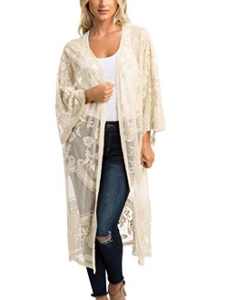 FaroDor Women's Flowy Bathing Suit Kimono Cardigan Lace Crochet Swimwear Floral Cover Ups