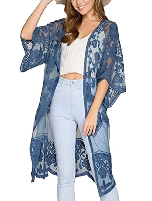 FaroDor Women's Flowy Bathing Suit Kimono Cardigan Lace Crochet Swimwear Floral Cover Ups