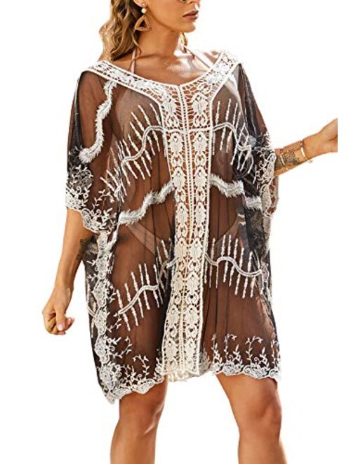 FaroDor Women's Flowy Bathing Suit Kimono Cardigan Lace Crochet Swimwear Floral Cover Ups