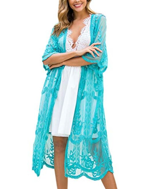 FaroDor Women's Flowy Bathing Suit Kimono Cardigan Lace Crochet Swimwear Floral Cover Ups