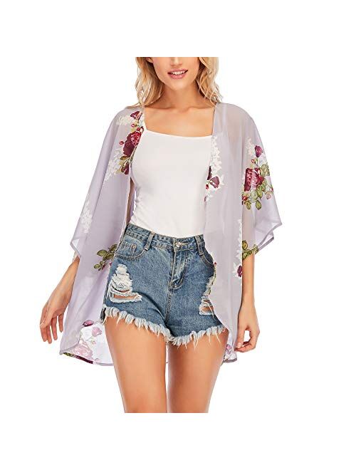 Zando Floral Kimonos for Women Swimsuit Cover Ups Open Front Summer Tops Cardigan Half Sleeve Sheer Shawls and Wraps