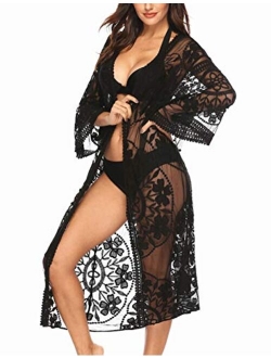 Lace Crochet Kimono Women's Long Swimwear Beach Sheer Swimsuit Cover Up Cardigan