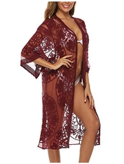 Lace Crochet Kimono Women's Long Swimwear Beach Sheer Swimsuit Cover Up Cardigan