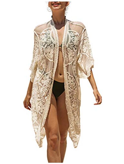 Lace Crochet Kimono Women's Long Swimwear Beach Sheer Swimsuit Cover Up Cardigan