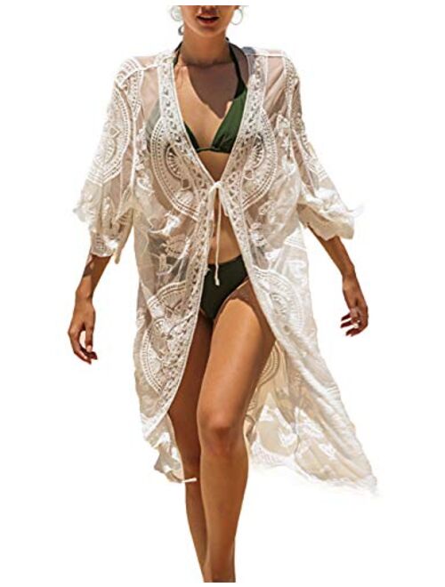 Lace Crochet Kimono Women's Long Swimwear Beach Sheer Swimsuit Cover Up Cardigan