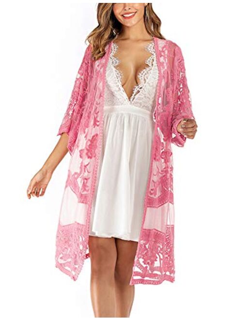 Lace Crochet Kimono Women's Long Swimwear Beach Sheer Swimsuit Cover Up Cardigan