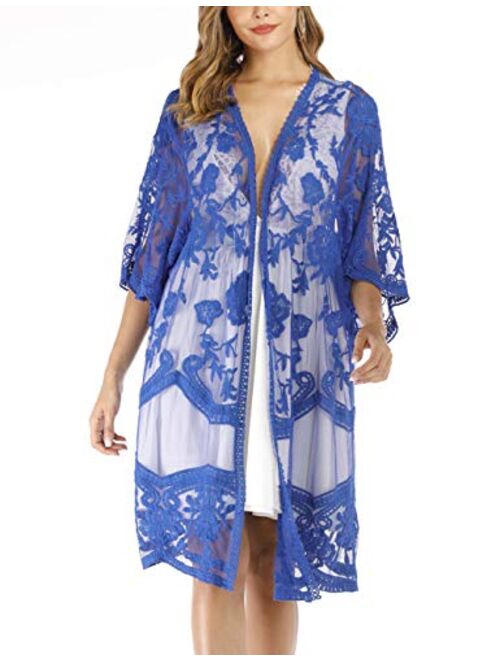 Lace Crochet Kimono Women's Long Swimwear Beach Sheer Swimsuit Cover Up Cardigan