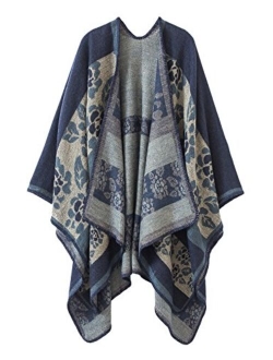 Women’s Retro Warm Shawls Poncho Cape Floral Printed Open Front Cardigans Sweater