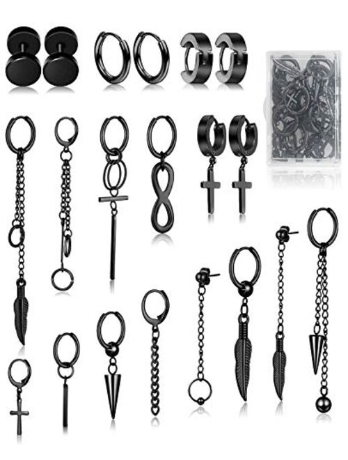 FIFATA Cross Dangle Earrings for Men 20 Pieces, Stainless Steel Stud Hinged Hoop Earrings, Long Chain Kpop Earrings for Women, Black and Silver