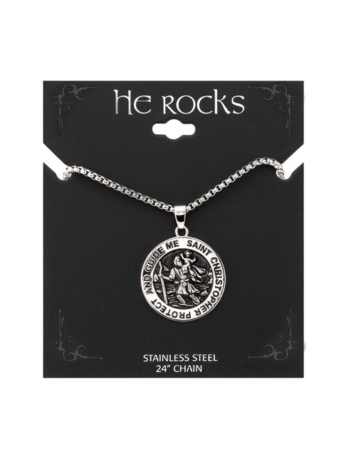 He Rocks "Saint Christopher" Coin Pendant Necklace in Stainless Steel, 24" Chain