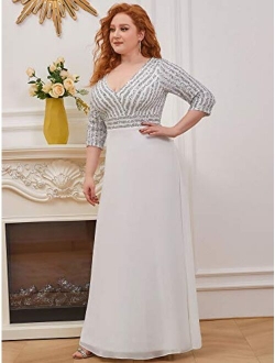 Women's Deep V-Neck Sparkle Plus Size Evening Dress with Long Sleeves 0751-PZ