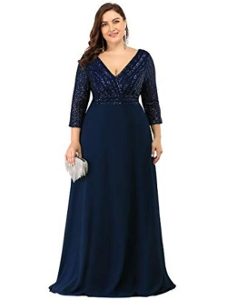 Women's Deep V-Neck Sparkle Plus Size Evening Dress with Long Sleeves 0751-PZ