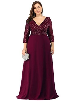 Women's Deep V-Neck Sparkle Plus Size Evening Dress with Long Sleeves 0751-PZ