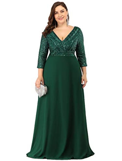 Ever-Pretty Women's Deep V-Neck Sparkle Plus Size Evening Dress with Long Sleeves 0751-PZ