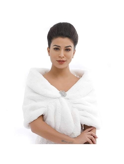 Aukmla Women's Wedding Faux Fur Wraps and Shawls Bridal Fur Stoles Scarf with Rhinestones Brooch for Bride and Bridesmaids