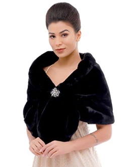 Aukmla Women's Wedding Faux Fur Wraps and Shawls Bridal Fur Stoles Scarf with Rhinestones Brooch for Bride and Bridesmaids