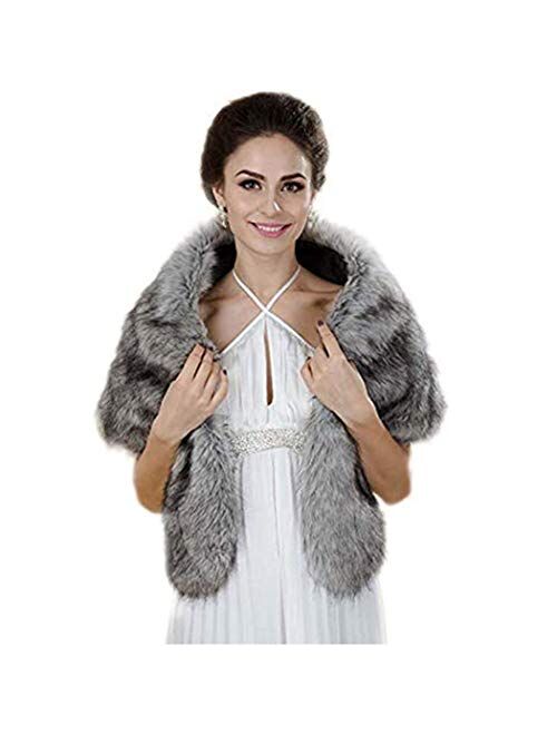 Aukmla Women's Wedding Faux Fur Wraps and Shawls Bridal Fur Stoles Scarf with Rhinestones Brooch for Bride and Bridesmaids