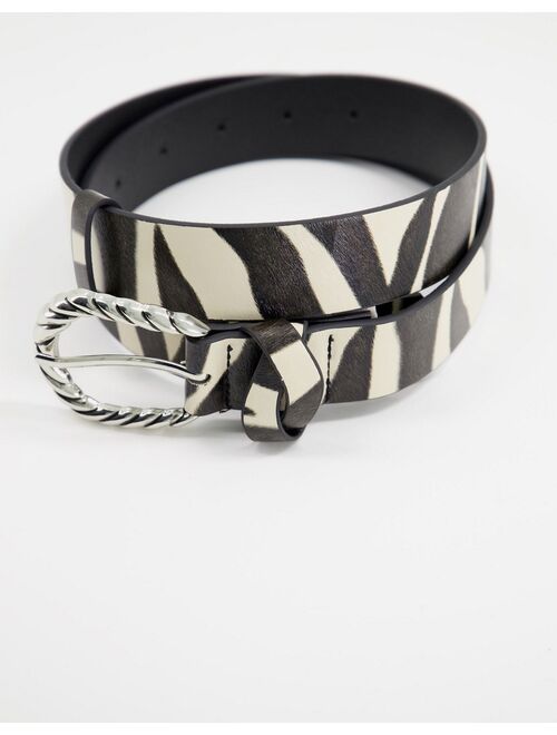 My Accessories London hip and waist belt with silver twist buckle in zebra print