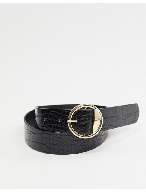 Pieces round buckle belt in faux black croc