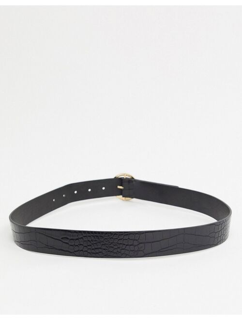 Pieces round buckle belt in faux black croc