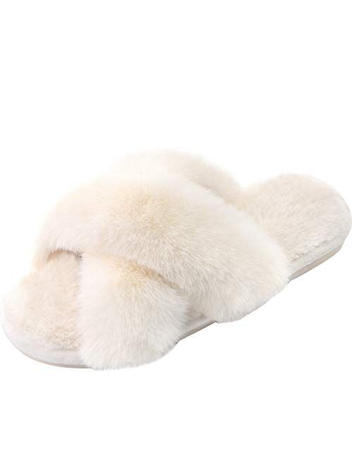 Women's Cross Band Slippers Soft Plush Furry Cozy Open Toe House Shoes Indoor Outdoor Faux Rabbit Fur Warm Comfy Slip On Breathable