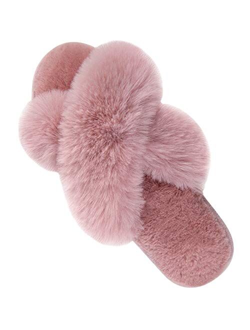 Women's Cross Band Slippers Soft Plush Furry Cozy Open Toe House Shoes Indoor Outdoor Faux Rabbit Fur Warm Comfy Slip On Breathable