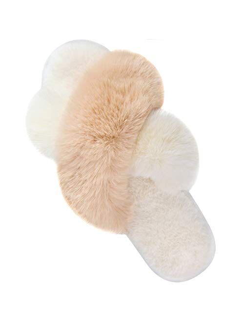 Women's Cross Band Slippers Soft Plush Furry Cozy Open Toe House Shoes Indoor Outdoor Faux Rabbit Fur Warm Comfy Slip On Breathable