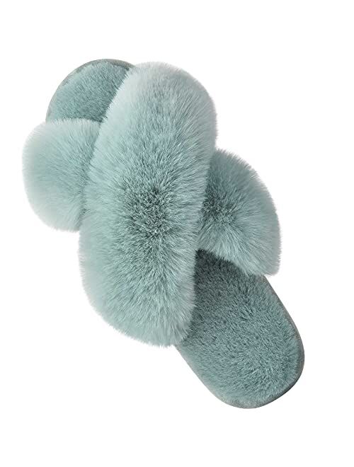 Women's Cross Band Slippers Soft Plush Furry Cozy Open Toe House Shoes Indoor Outdoor Faux Rabbit Fur Warm Comfy Slip On Breathable