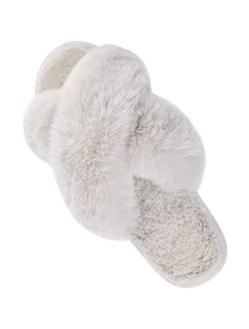 Women's Cross Band Slippers Soft Plush Furry Cozy Open Toe House Shoes Indoor Outdoor Faux Rabbit Fur Warm Comfy Slip On Breathable