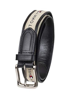 Men's Ribbon Inlay Fabric Belt with Single Prong Buckle