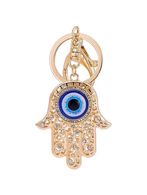 QTKJ Blue Evil Eye Hamsa Hand Keychain Crystal Keychain Charm Purse Pendant Handbag Bag Decoration Holiday (Gold)