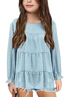 Girls Chiffon Blouses Kids Long Sleeve Swiss Dot Shirts Round Neck Ruffle Peplum Tops Tees