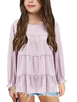 Girls Chiffon Blouses Kids Long Sleeve Swiss Dot Shirts Round Neck Ruffle Peplum Tops Tees