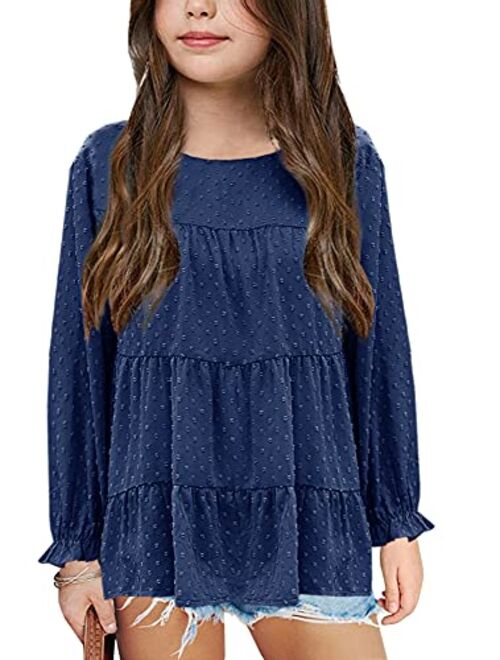 Girls Chiffon Blouses Kids Long Sleeve Swiss Dot Shirts Round Neck Ruffle Peplum Tops Tees