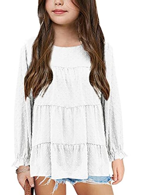 Girls Chiffon Blouses Kids Long Sleeve Swiss Dot Shirts Round Neck Ruffle Peplum Tops Tees