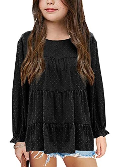 Girls Chiffon Blouses Kids Long Sleeve Swiss Dot Shirts Round Neck Ruffle Peplum Tops Tees