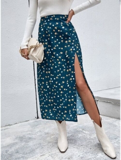 Ditsy Floral High-Slit Midi Skirt