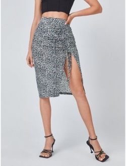 Drawstring Ruched Split Thigh Leopard Skirt