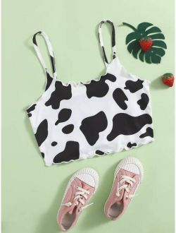 Teen Girls Lettuce Trim Cow Print Crop Cami Top