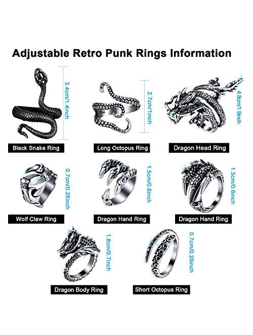 8 Pieces Vintage Punk Rings Octopus Dragon Snake Adjustable Ring