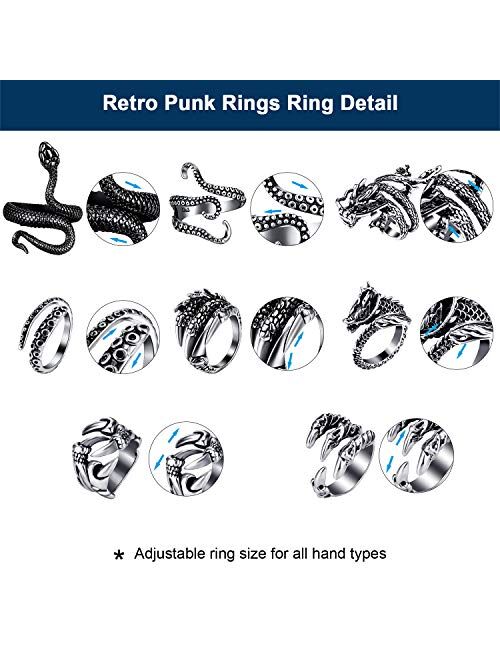 8 Pieces Vintage Punk Rings Octopus Dragon Snake Adjustable Ring