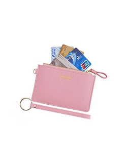 Women Slim RFID Card Case Holder Wristlet Zip ID Case Wallet Small Leather Wallet Coin Purse with Keychain