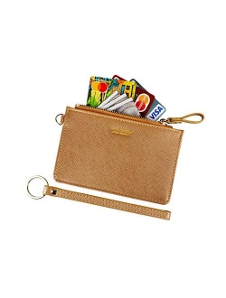 Women Slim RFID Card Case Holder Wristlet Zip ID Case Wallet Small Leather Wallet Coin Purse with Keychain