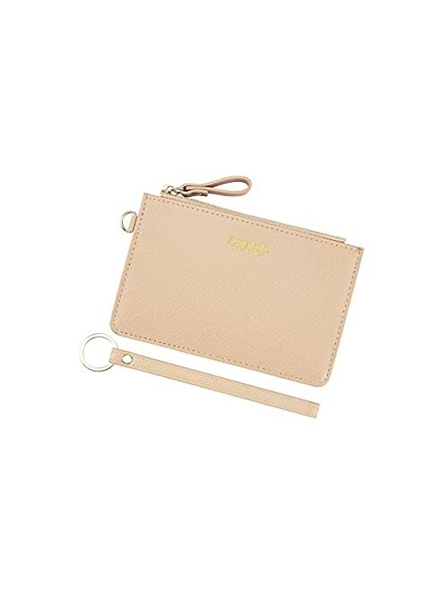 Women Slim RFID Card Case Holder Wristlet Zip ID Case Wallet Small Leather Wallet Coin Purse with Keychain