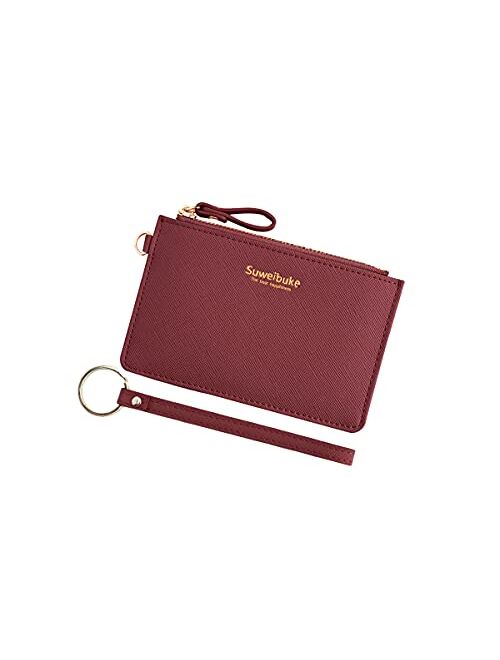 Women Slim RFID Card Case Holder Wristlet Zip ID Case Wallet Small Leather Wallet Coin Purse with Keychain