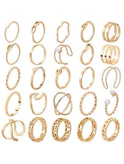 ONESING 25 Pcs Knuckle Rings for Women Stackable Rings Sets Girls Bohemian Retro Vintage Joint Finger Rings Gold and Silver Rings Set for Women Men Hollow Carved Flowers 